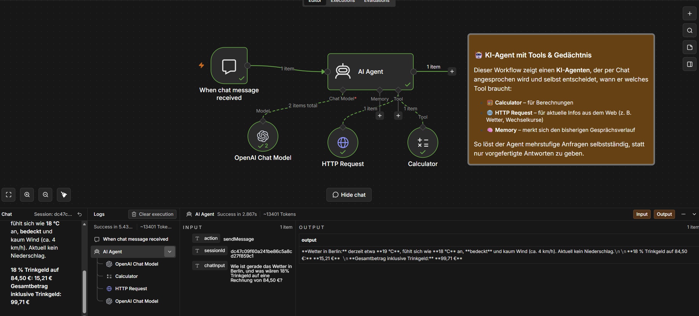 n8n-Testworkflow eines KI-Agenten mit Calculator und HTTP Request